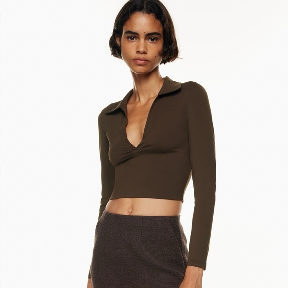 Babaton Aritzia Contour Polo Long Sleeve Crop Top in Rich Mocha Brown, Size L - Picture 1 of 6